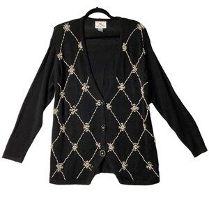 Vtg SML Sport Black Cardigan Beaded Pearl Gold Design Women Large Cotton Blend